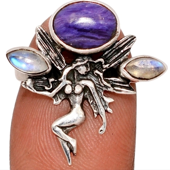 Artisan Jewelry - 925 Natural Charoite & Rainbow Moonstone Sterling Silver Ring s.7 Artisan Made